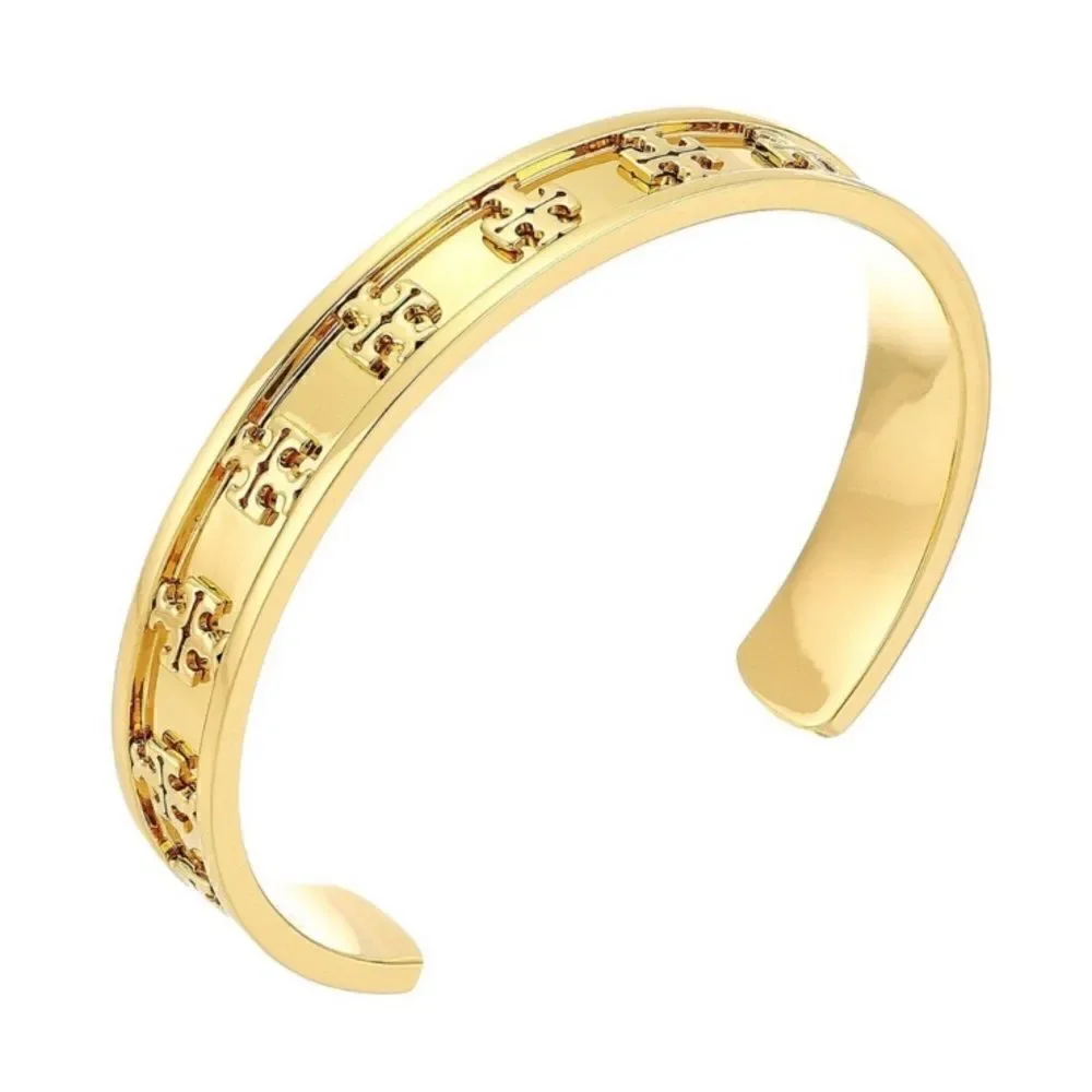 TORY BURCH RAISE LOGO STUDDED 18k GOLD PLATED BRACELET